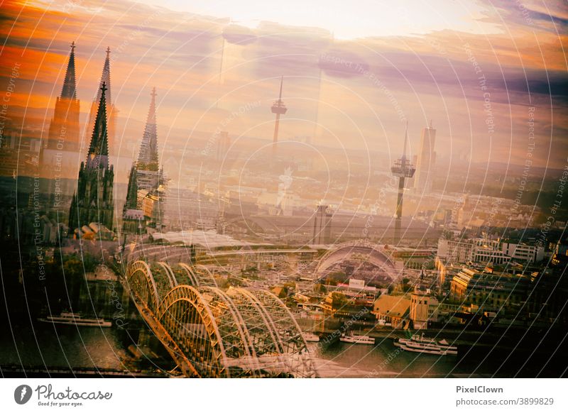 Surreal panorama picture of Cologne Architecture Dome Cologne Cathedral Tourist Attraction Town Skyline Landmark Manmade structures Rhine Church Germany Bridge