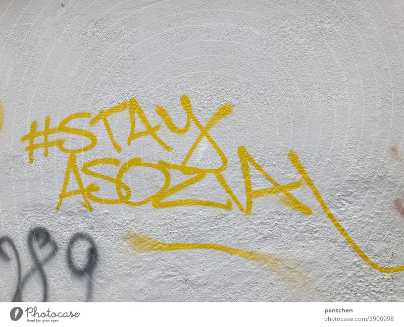 Stay antisocial stands on a white wall. Graffiti. Social media. Hashtag. hash day instagram social media Criticism Media Youth culture Cellphone Mobility