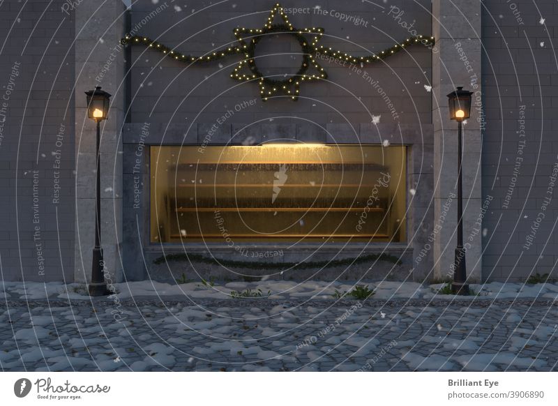 yellow illuminated shop window with empty shelves and outside decorated with christmas lights 3D forsake sb./sth. Alley Ancient Architecture background Building