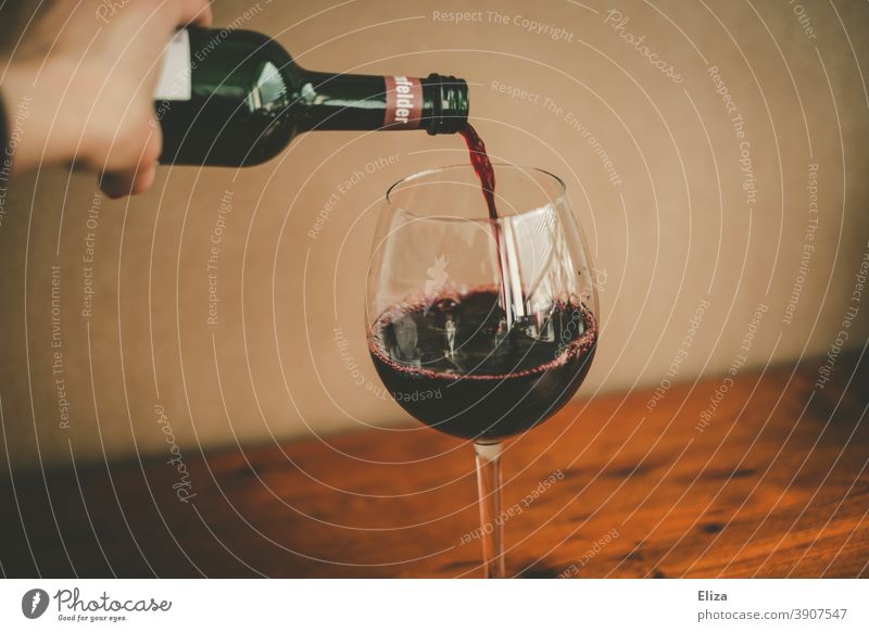 Person pours red wine from a bottle into a wine glass Red wine Bottle Cast Vine Wine glass Glass Alcoholic drinks Drinking alcohol consumption Bottle of wine