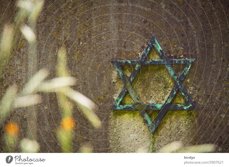 Jewish Star of David on a gravestone at a Jewish cemetery Judaism Religion and faith Tombstone Grief commemoration Weathered symbol Shallow depth of field