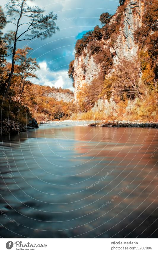 Fall mountain and river long exposure photo Long exposure silk water fall Wood Autumn Water Exterior shot Colour photo To fall Leaf Deserted River Forest