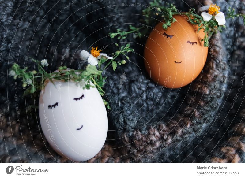 Cute eggs wearing flower crowns with drawn faces as decoration for Easter and the coming of Spring easter decoration easter eggs spring season cute easter eggs