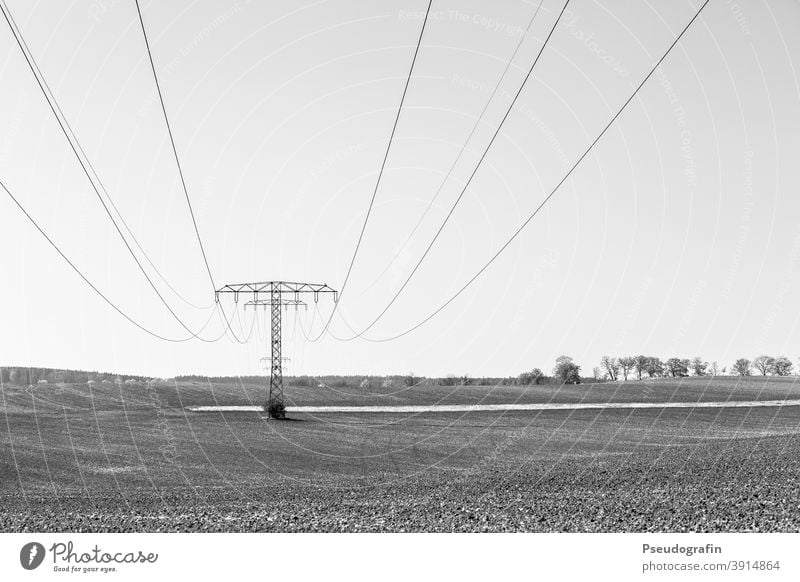 Electricity Electricity pylon Transmission lines Energy industry Cable High voltage power line Landscape Power transmission Exterior shot Deserted