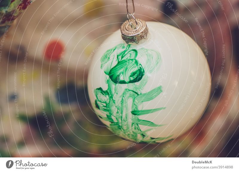 White Christmas ball painted by a child himself with green paint christmas ball Glitter Ball Christmas & Advent Decoration Christmas decoration Sphere