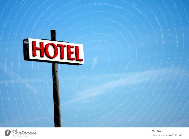 HOTEL Hotel Signage Vacation & Travel Tourism Signs and labeling Characters Blue sky Red Hostel Accommodation Advertising Neon light Business trip overnight