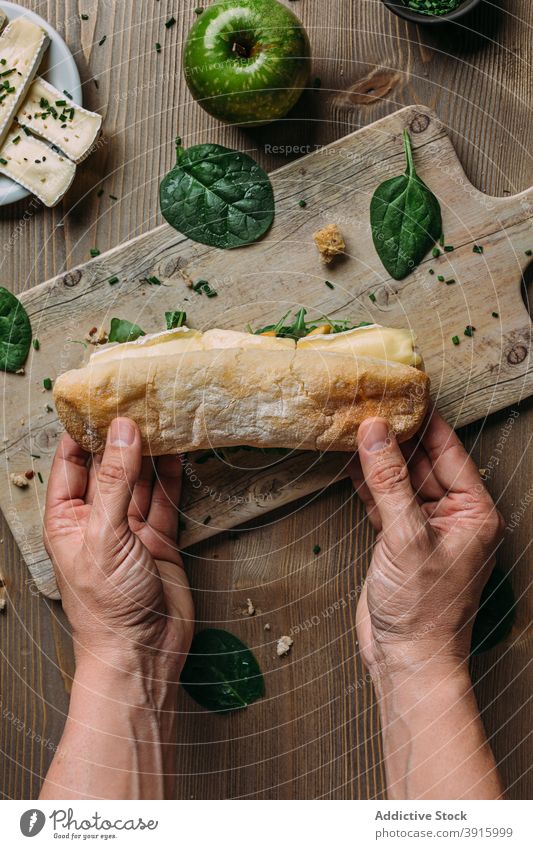 Hand holding a panini of brie cheese and apple lunch bread food snack healthy breakfast meal tomato sandwich fresh toast dinner vegetable background delicious