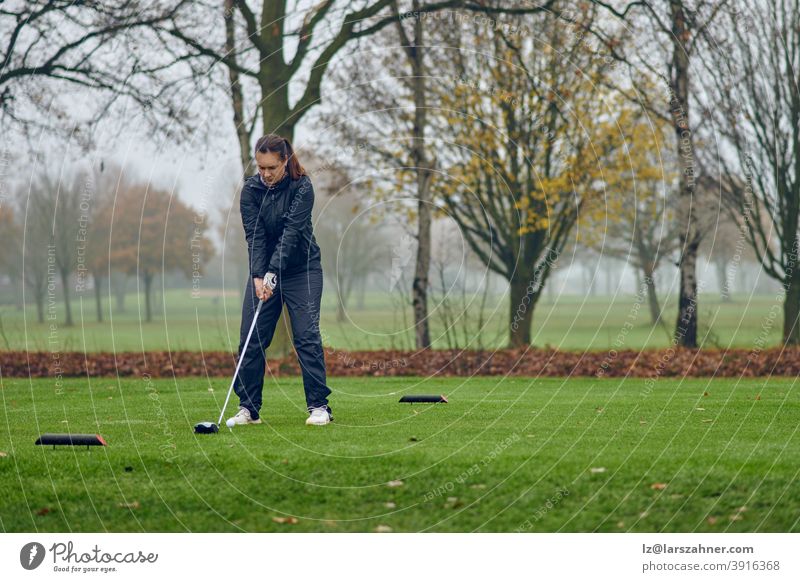 Middle-aged woman playing golf on a cold misty winter day on a parkland course teeing off lining up her shot driver tee-off female golfer rainy windy autumn