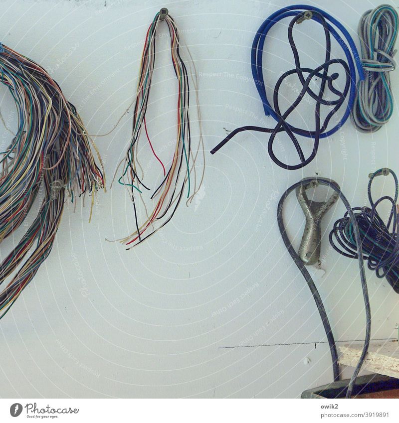 All leftovers Wire Coil Hang Screw Neutral Background Wall (building) variegated Checkmark Supply Deserted Colour photo Detail Old Metal Interior shot
