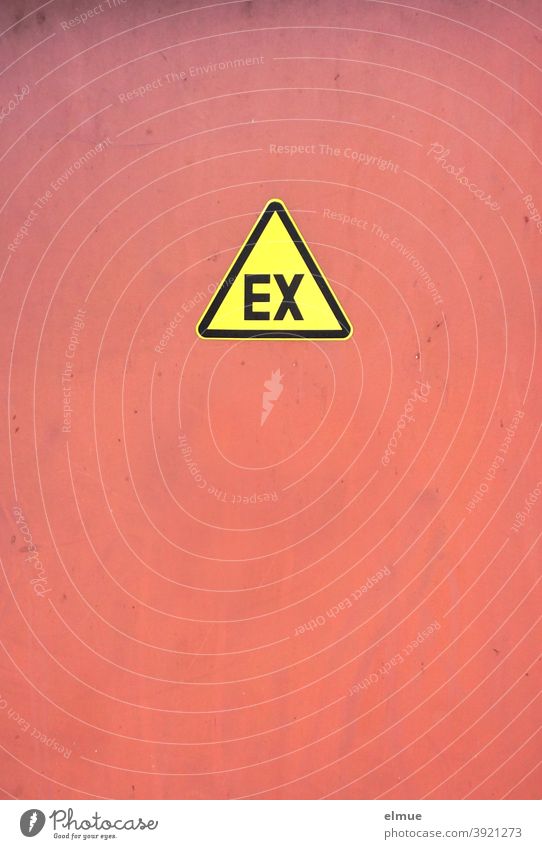 triangular pictogram in yellow with black writing "EX" on coral coloured background / explosive / over / finished Pictogram Clue sloppily in ex dead from
