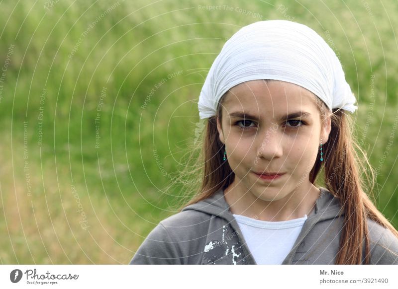 Young girl with headdress Girl Youth (Young adults) portrait Hair and hairstyles Face Upper body Fashion Headscarf Nature Looking Curiosity Calm Contentment