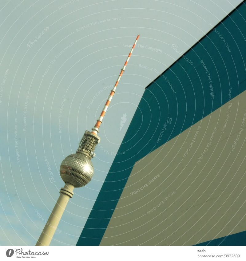 parallel universe Berlin TV Tower Television tower Architecture Hide Wall (building) Modern Town Diagonal Blue White Landmark Facade Monument Capital city Gray