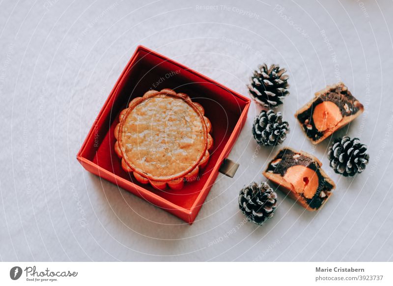 Traditional mooncake served during the Mooncake Festival or Mid-Autumn Festival Mid-autumn Festival top view September traditional traditional food