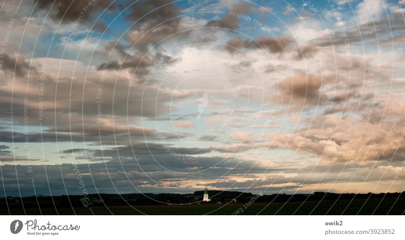 milestone Panorama (View) Church Church spire Dusk Cloud formation Colour photo Exterior shot Deserted Copy Space top Evening Twilight Contrast Shadow Sunset
