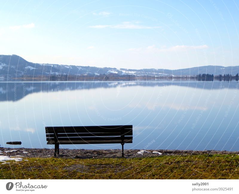 calm down... Bench Lake Winter mountains Alps Mountain Snow Landscape Blue Reflection Cold Calm Water Nature Relaxation Free Empty meditative bench bank