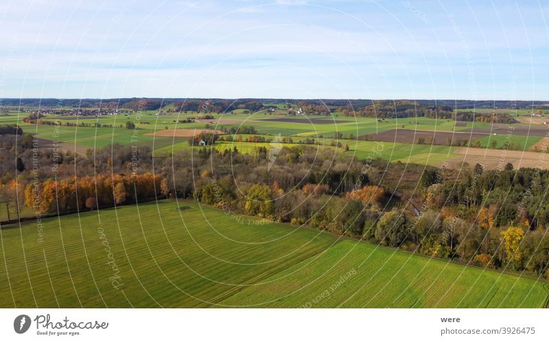 View from above on the autumnally leafy leaves and meadows of the flood plains near Hiltenfingen Area flight Autumn Panorama aerial view beautiful