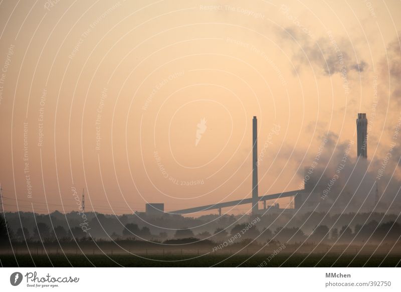 Industry Advancement Future Energy industry Energy crisis Landscape Cloudless sky Sunrise Sunset Climate change Field Industrial plant Chimney Smoking