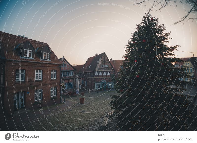 A deserted Christmas market with a beautiful big decorated Christmas tree | corona thoughts Large Markets Marketplace Christmas Fair Lighting