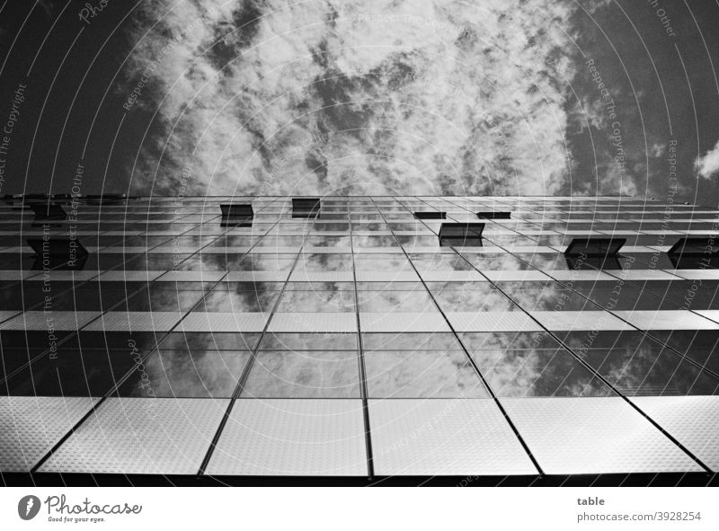 View upwards, blue sky and clouds reflected in glass facade Shadow Light Deserted Exterior shot Analog movie Change Competition Beginning Build Steel Concrete