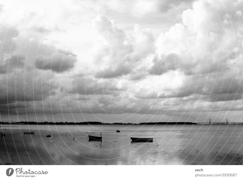 partly cloudy Lake Water Ocean Baltic Sea Lakeside Baltic coast boat Rowboat Nature Relaxation Denmark Calm tranquillity silent Gray Clouds Sky reflection