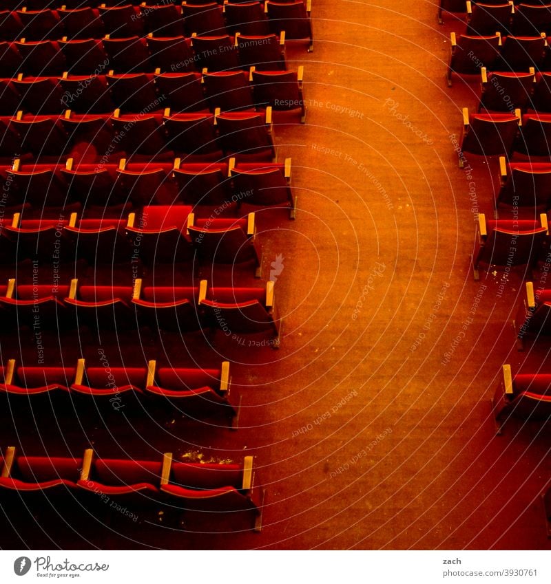 systemically relevant I Culture Art Theatre Cinema Movie hall Movie theater seat theatre hall Audience Empty Old Ruin Broken Red Row of seats Armchair