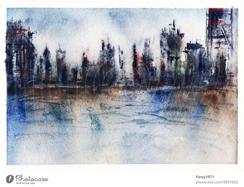 Watercolor painting. Abstract skyline reflected in water Watercolors Art Skyline reflection Creativity Painting and drawing (object) Deserted Town High-rise