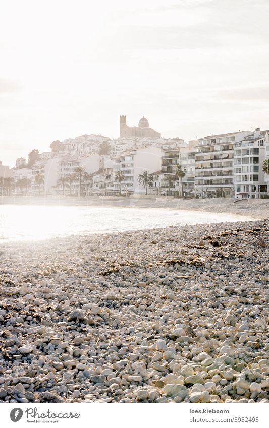 The destroyed beach in Altea after storm Gloria in January 2020 with view on coast and old town with backlight, Altea, Costa Blanca, Spain altea spain