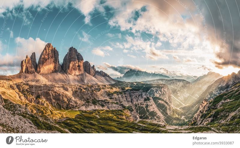 Panoramic view of sunset in Tre cime di lavaredo, Dolomites mountains, Italy dolomites italy Tre Cime di Lavaredo dolomiti Mountain Sunset mountains
