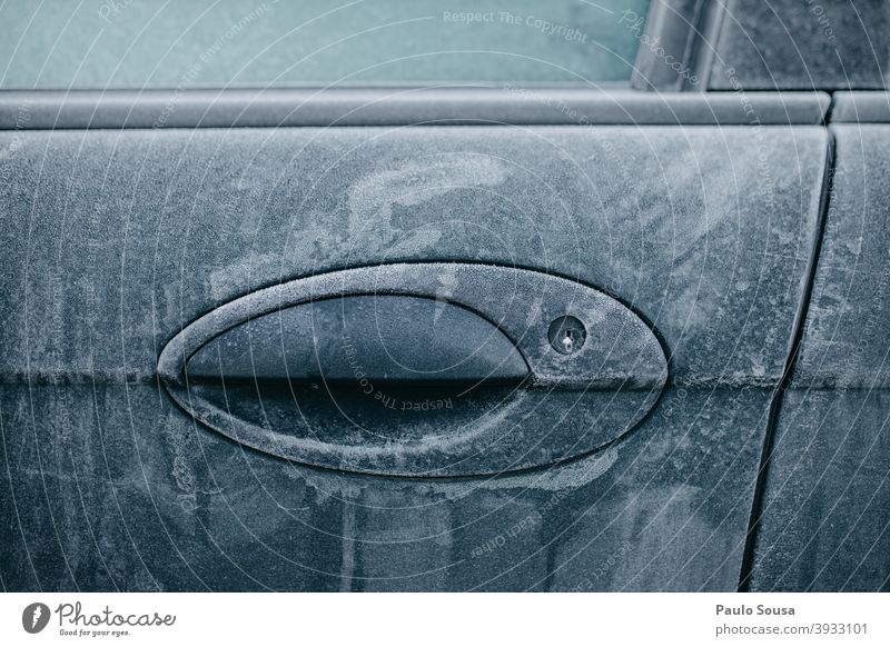 Frosty car lock Door Winter Car Cold Frozen Freeze Car Window Ice Car door Exterior shot Morning Snow Glass Blue Contrast Colour photo Deserted Window pane