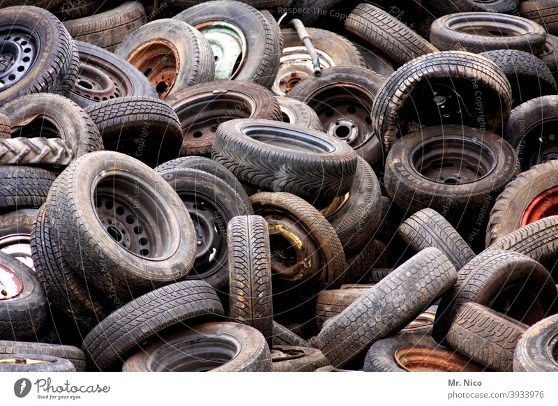 Used tyre collection point Tire Tire tread Rubber Black Scrap metal Recycling stacked Disposal Trash Stack Old Material Industry soiling waste recycling yard