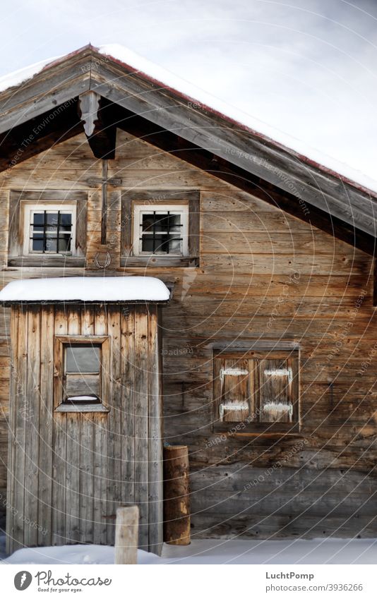 Wooden house with snow Hut Snow Colour photo Exterior shot Winter Cold Day Deserted Frost Winter vacation House (Residential Structure) hut fun Wooden board