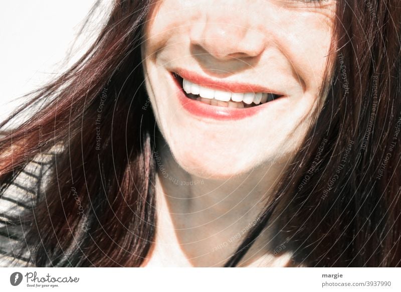 A woman laughs into the camera, only the mouth and the nose are shown Face of a woman Human being Feminine Show your teeth Teeth beautiful woman beautiful teeth