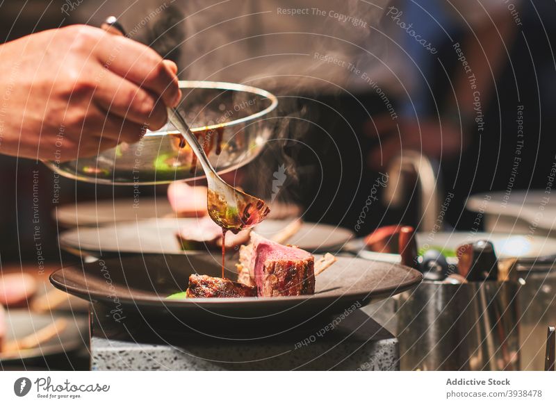 French restaurant's kitchen French Food French Style stylish high cuisine elegant pricy dish food High quality meat smoke hands sauce tasty yummy delicious