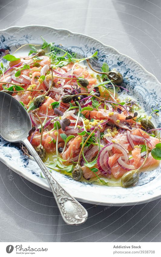 Tasty Salmon Sashimi Carpaccio Salad raw food salmon sashimi salad carpaccio sashimi salmon japanese food health cook microgreens vegetables raw fish raw salmon