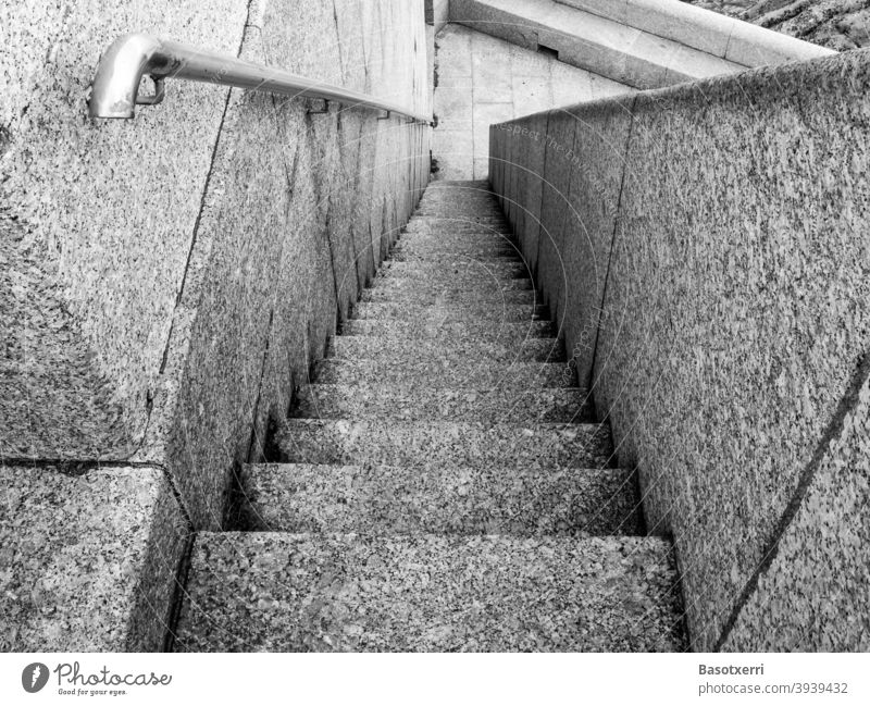 Narrow, steep staircase of grey granite, black and white photo. Punta Nariga, Galicia, Spain Granite Black & white photo Stairs Steep Lighthouse voyage travel