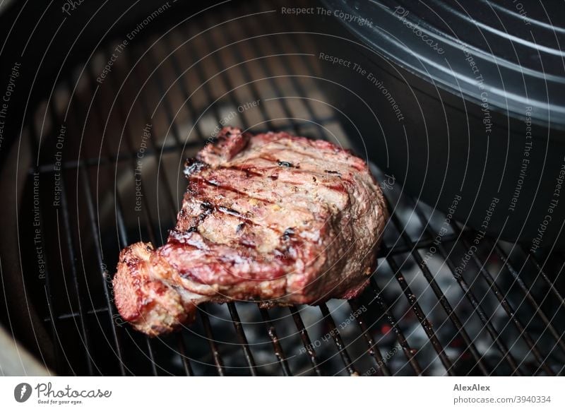 A piece of finished roast beef with grill stripes on a Kamado grill next to a roasting pan Grill Charcoal Glut Ceramic grill kamado grill Green Hot Soot Rust