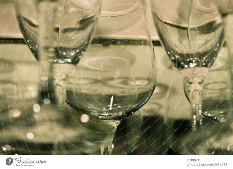 Upside down | Glasses on a glass plate Photographic technology Crystal structure Reflection Wine glass Champagne glass Light Deserted Beverage Alcoholic drinks