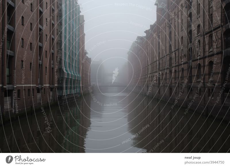 Hamburg, Speicherstadt in the morning mist storehouse city Fleet Fog Diffuse foggy Monochrome Subdued colour Landmark Tourism City trip Season Autumn Winter