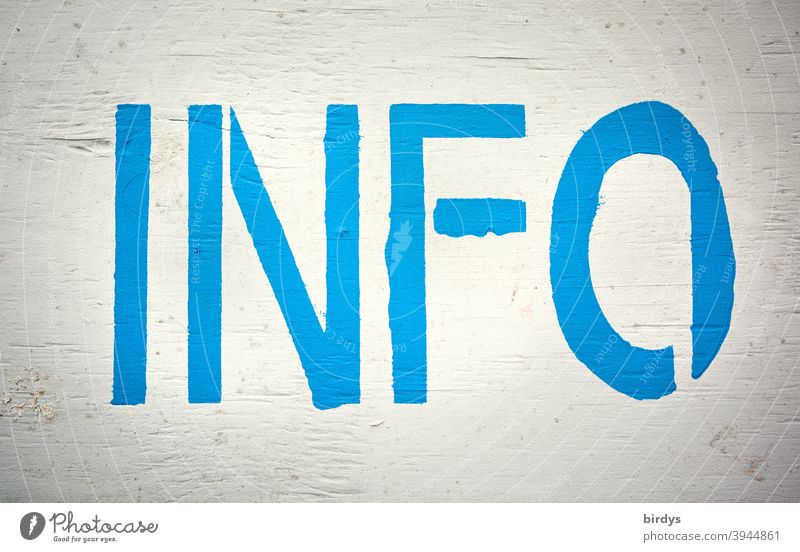 INFO, blue capital letters on white wooden board. Information, individual notice, format filling info full-frame image Blue-white Characters Word Heading