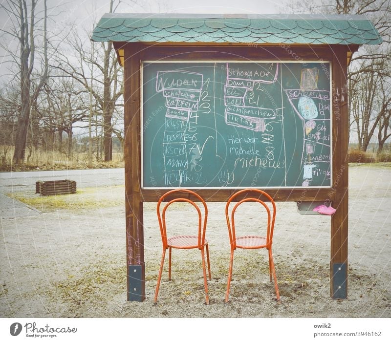 Village Cinema Whimsical info board chairs Near take a seat Simple Places trees Blackboard Drawings Letters (alphabet) cryptically puzzling Scene Seating Empty
