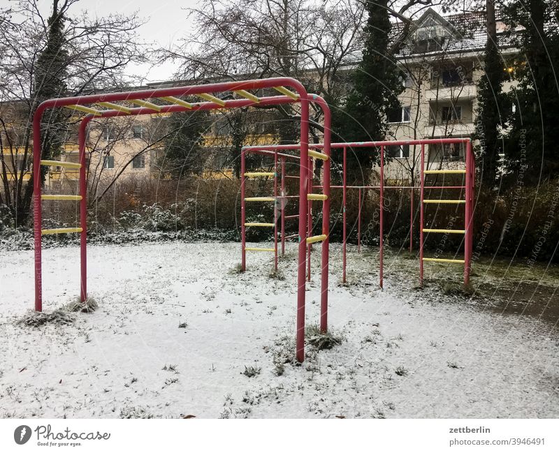 Playground in the Lockdown Cold Virgin snow Snow Snow layer Town urban Suburb Winter winter Empty Deserted Climbing climbing scaffold Ladder sprout rungs dwell