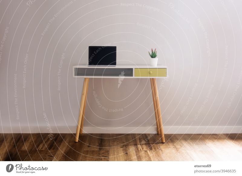 Modern workspace with laptop and flower on desk modern job home screen floor wooden table wall mockup indoor photo studio business computer decoration empty