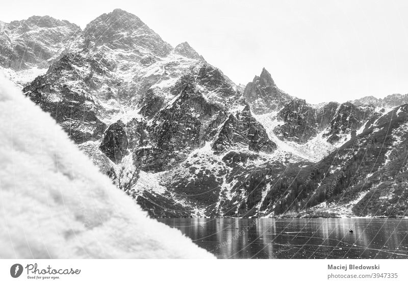 Black and white picture of Tatra Mountains in winter, Poland. mountains landscape beautiful snow Morskie Oko black and white lake Eye of the Sea ice Tatry