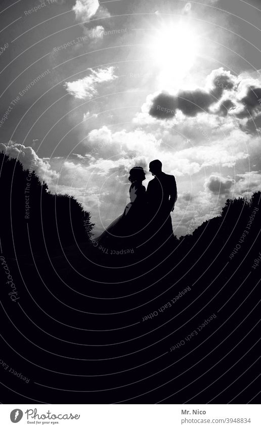lovers Romance Together Happy Love Married couple Harmonious Lovers Silhouette Sympathy Emotions Bride Bride groom Heavenly Wedding couple Sky Clouds Dress