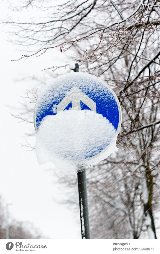 Traffic sign prescribed driving direction straight ahead (traffic sign no. 209-30) partly covered with snow Road sign direction of travel