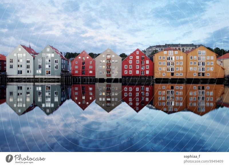 Travel - colorful houses in Trondheim, reflection on river trondheim norway water city tourism travel traditional colored norwegian scandinavia panorama