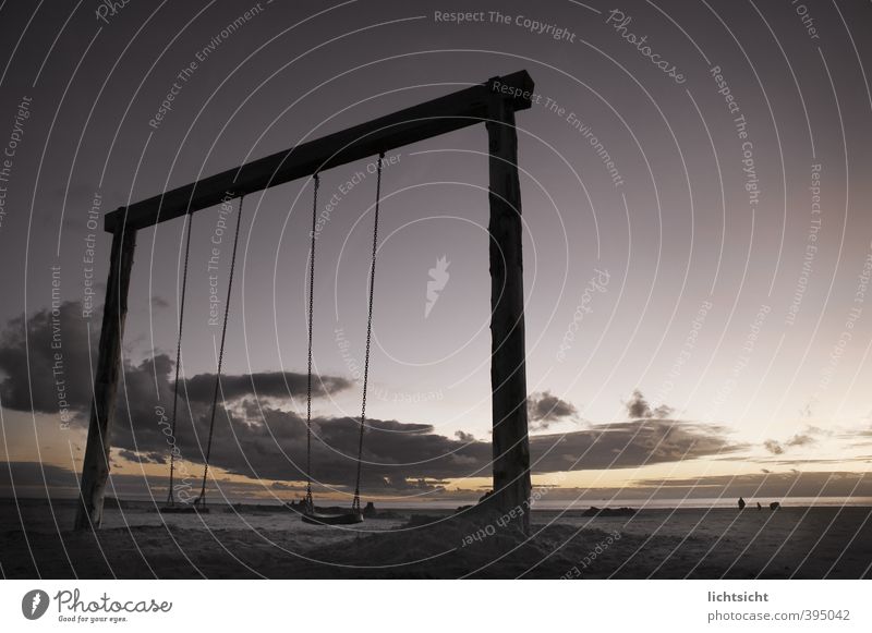 rock endlessly Landscape Sky Night sky Horizon Beautiful weather Coast Beach North Sea Ocean Joy To swing Swing Swing chain Wooden stake St. Peter-Ording Dusk