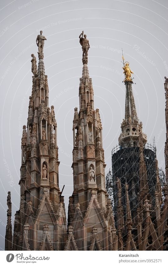 Filigree lace and turrets with stucco work and figures on the roof of the Milan Cathedral. Sky Gray sharpen tower Tower Work of art Architecture Dome Church