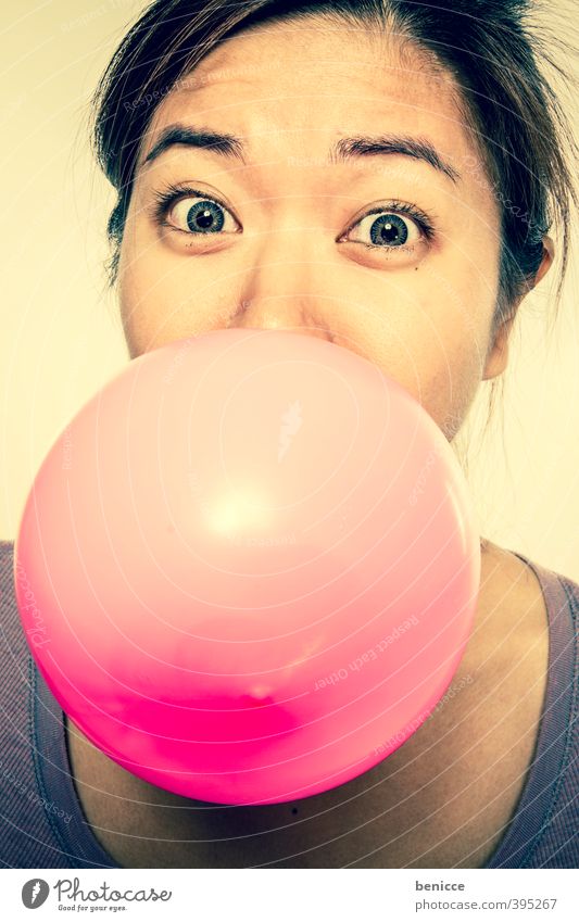 bubble Woman Human being Asians Chinese Balloon Hot Air Balloon Air bubble Chewing gum Girl Pink portrait Funny Humor Joy Looking into the camera Studio shot