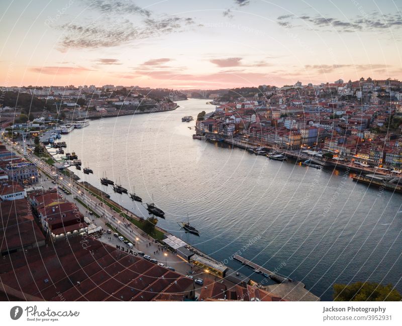 Aerial view of beautiful city of Porto at sunset, Portugal porto portugal architecture aerial bridge building buildings center cityscape day douro downtown